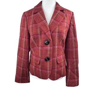 Talbots Burnt Orange Plaid Wool Blazer Jacket Size 8 Pleated Back Hem
